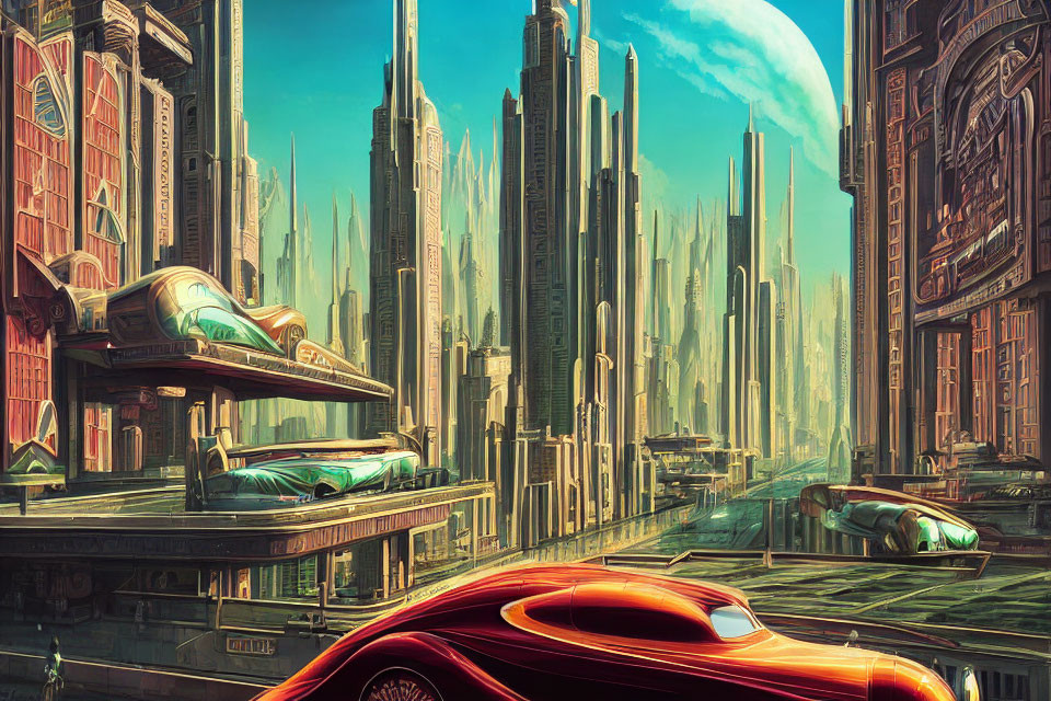 Futuristic cityscape with skyscrapers, flying cars, and giant planet in vibrant setting