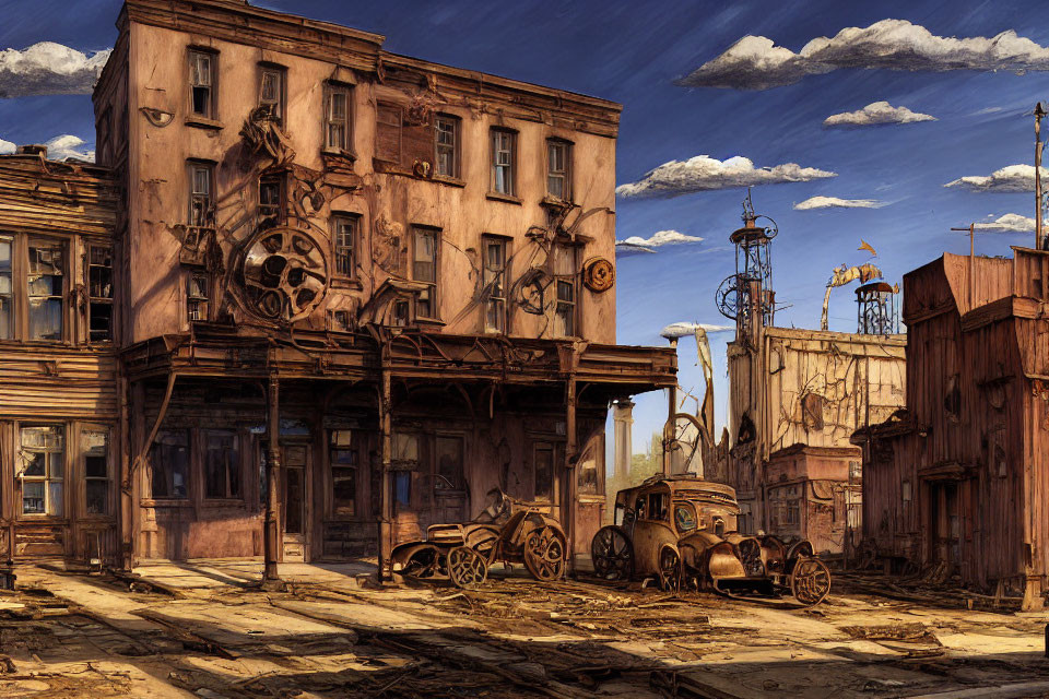 Dystopian scene with dilapidated buildings and steampunk vehicles