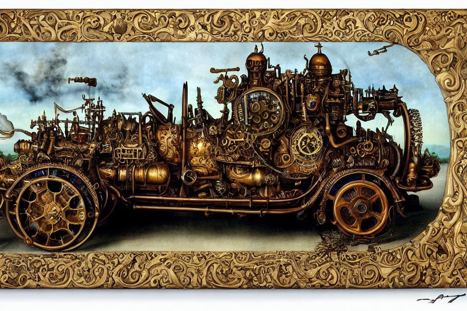 Intricate Steampunk-Style Vehicle with Metallic Gears and Cogs