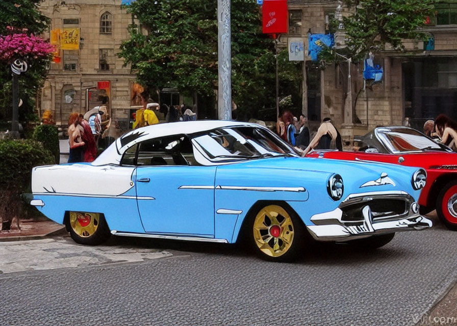 Digitally altered photo of blue and white cartoonish car on city street