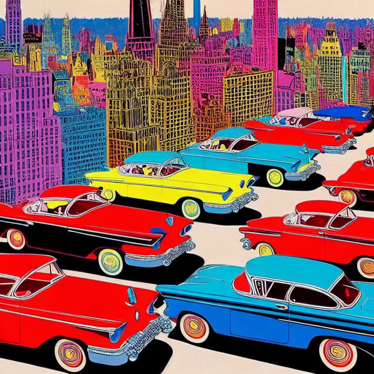 Colorful Cityscape Illustration Featuring Classic Cars and Skyscrapers