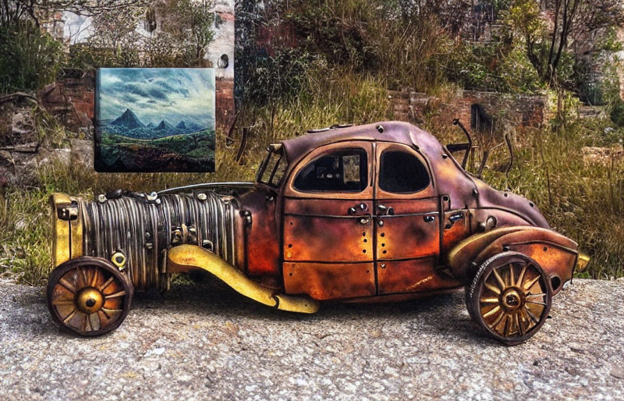 Steampunk-inspired model depicting rustic metal textures, rivets, and gears against a dilapidated