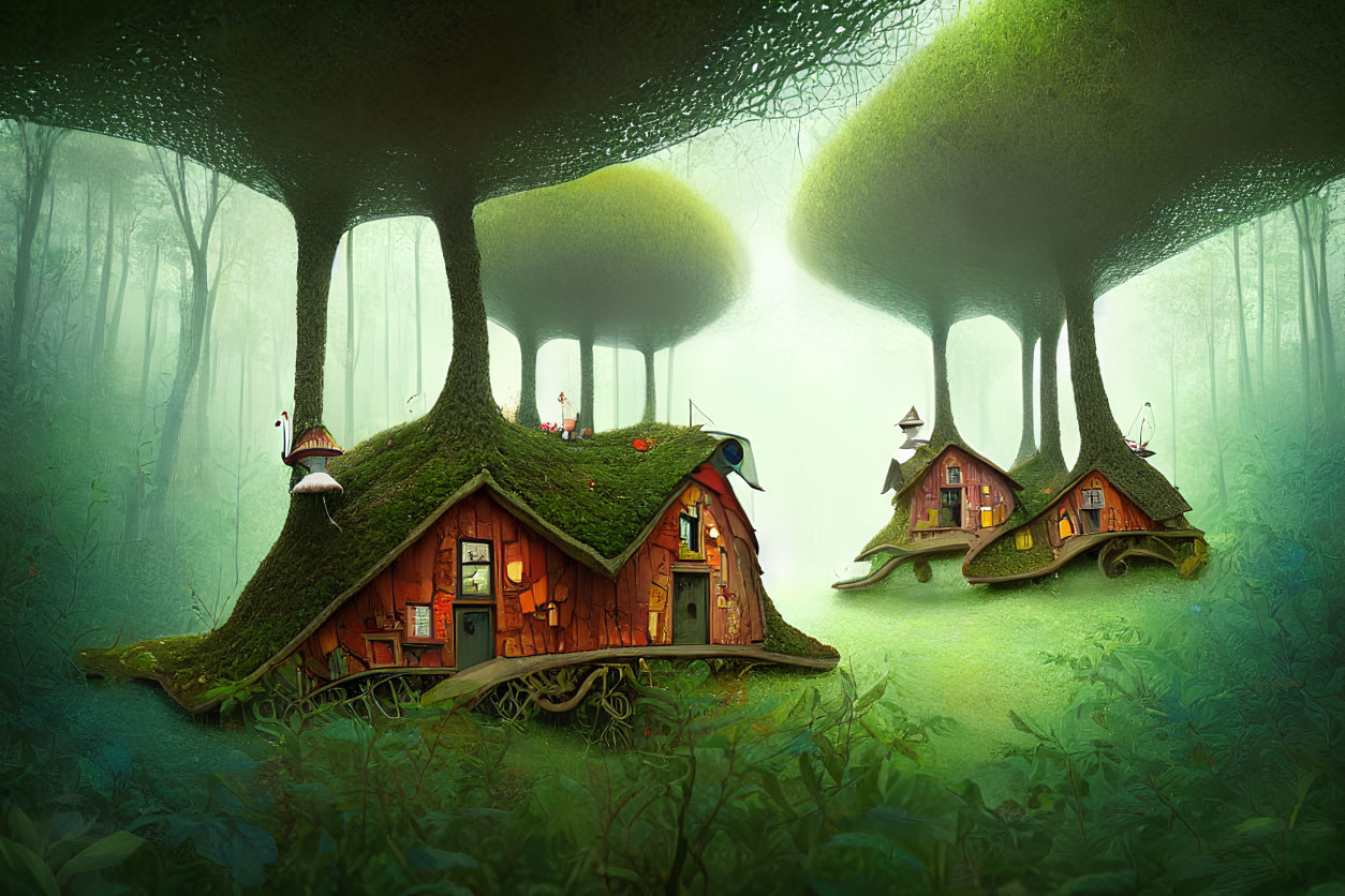 Whimsical treehouses in enchanted forest scene