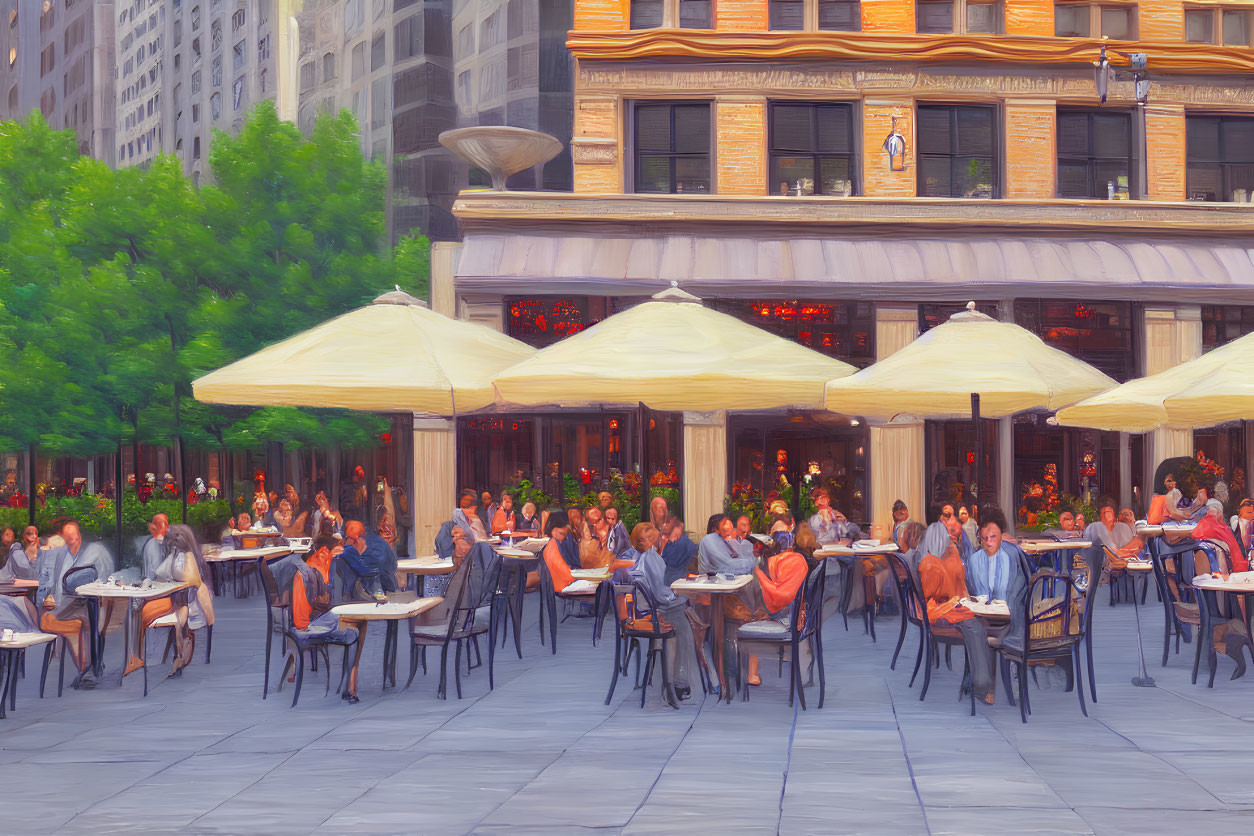 Outdoor Dining Scene with Beige Umbrellas and Classic Architecture