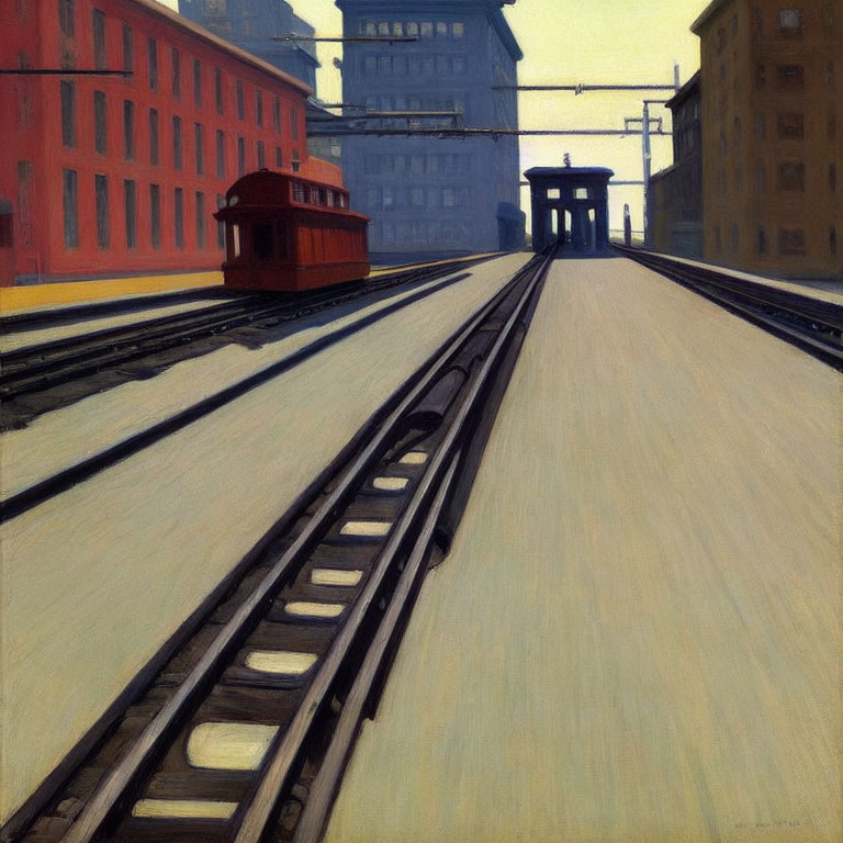 Urban painting of red tram on tracks with buildings and bridge in muted tones