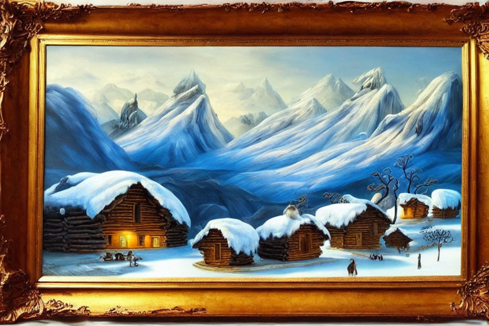 Snowy Landscape Painting with Mountain Peaks and Log Cabins in Gold Frame