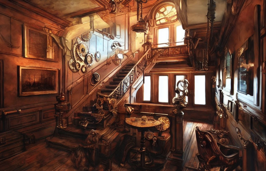 Steampunk-Themed Interior with Vintage Furniture and Warm Hues