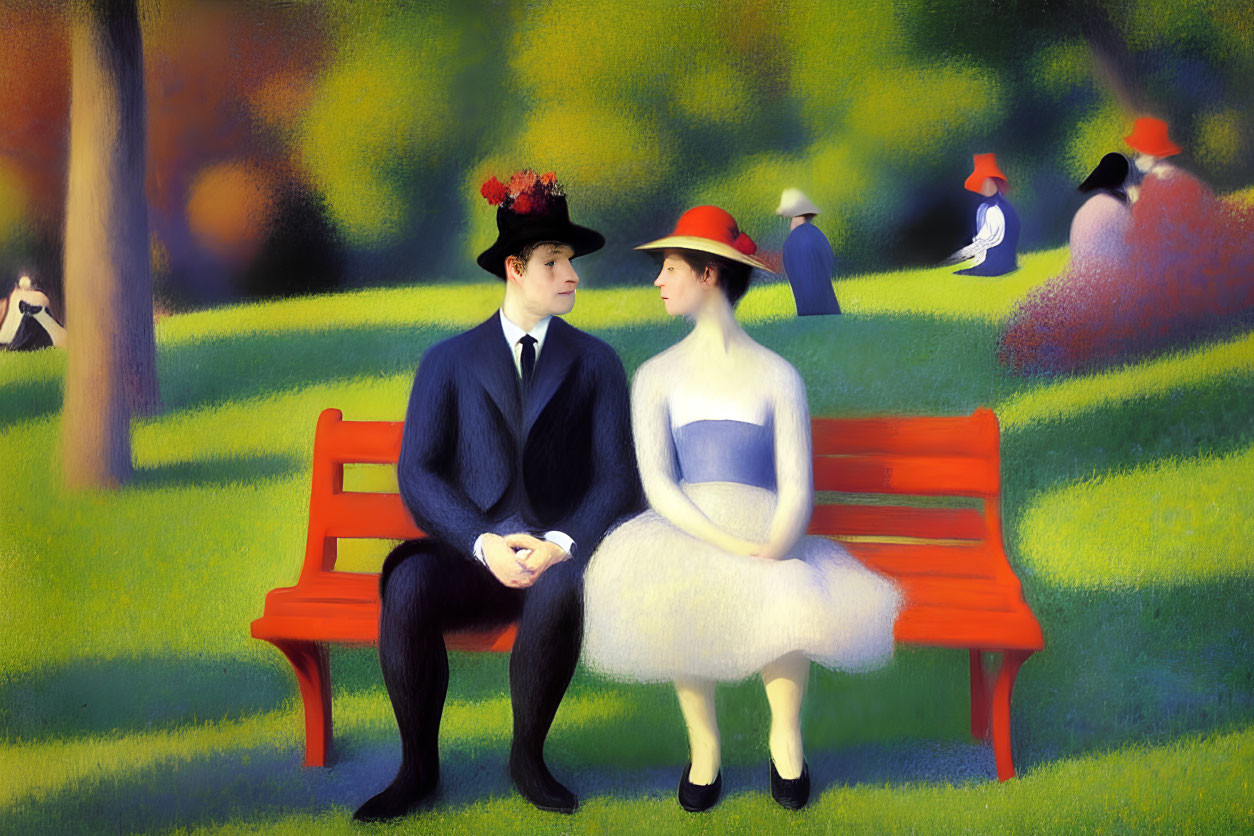 Stylized painting of couple on red bench in park with vibrant greenery