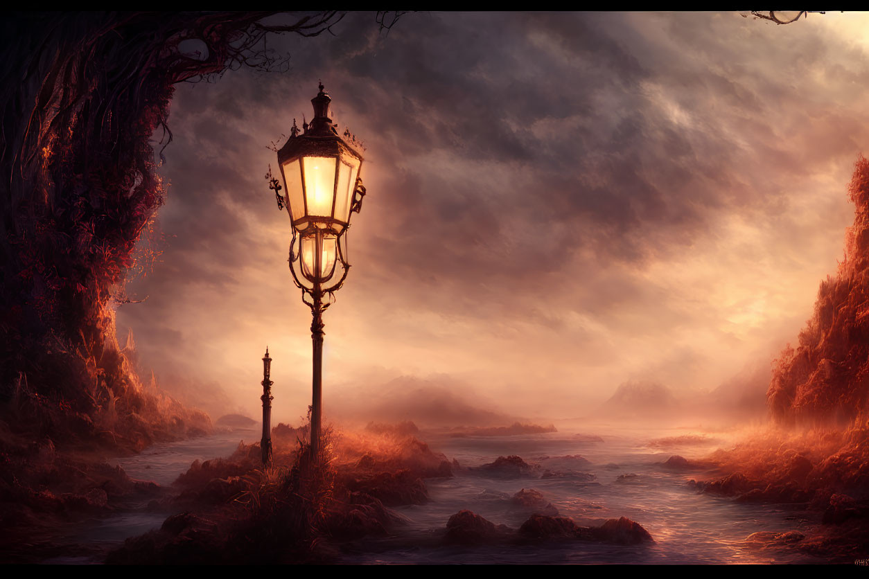 Fantasy landscape with illuminated street lamp in misty rocky terrain