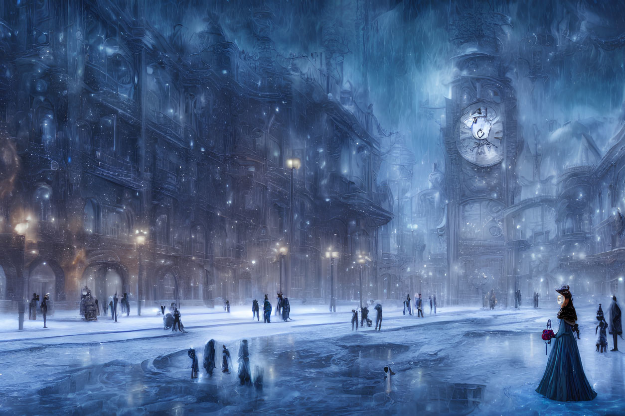 Victorian snowy cityscape with clock tower and period-dressed people