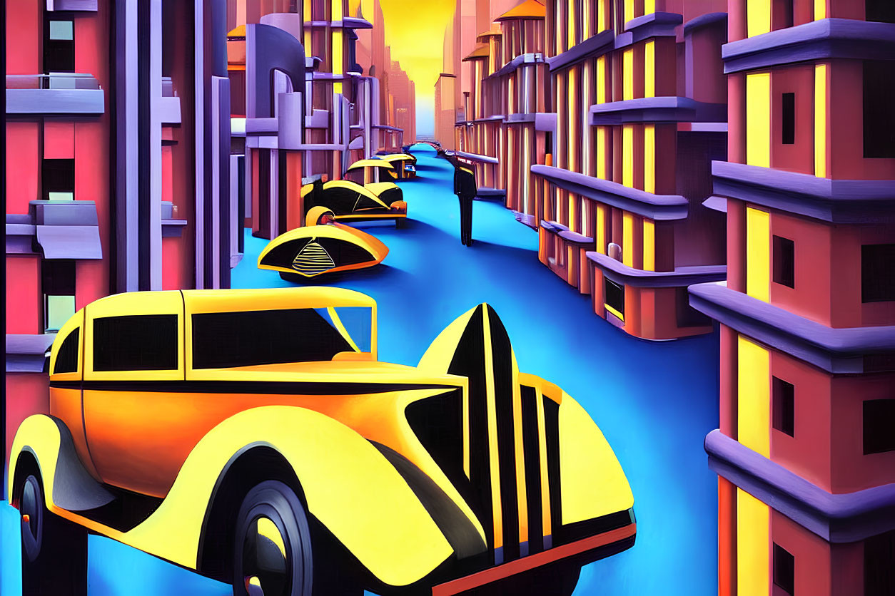 Stylized artwork of yellow vintage cars on vibrant blue road