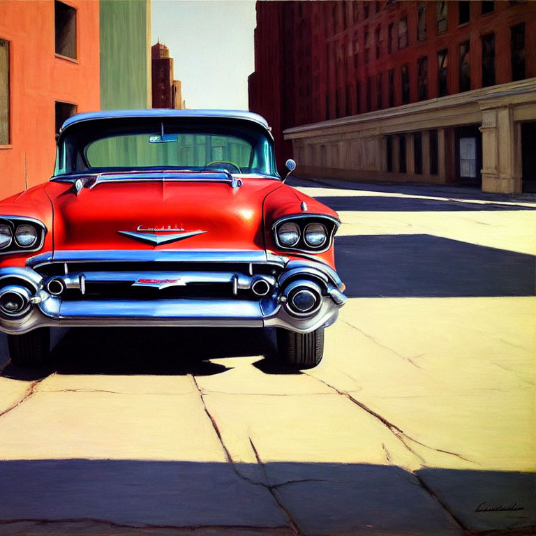 Vintage Red Chevrolet Car Painting on Empty Urban Street