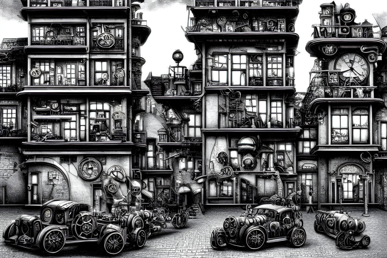 Detailed monochrome steampunk cityscape with vintage cars, gears, pipes, and clock elements.