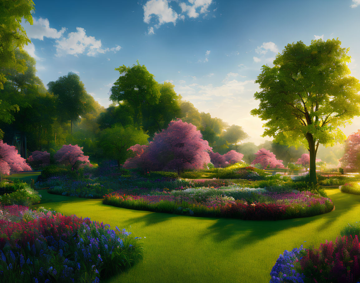 Tranquil garden with lush green grass and vibrant flowering trees