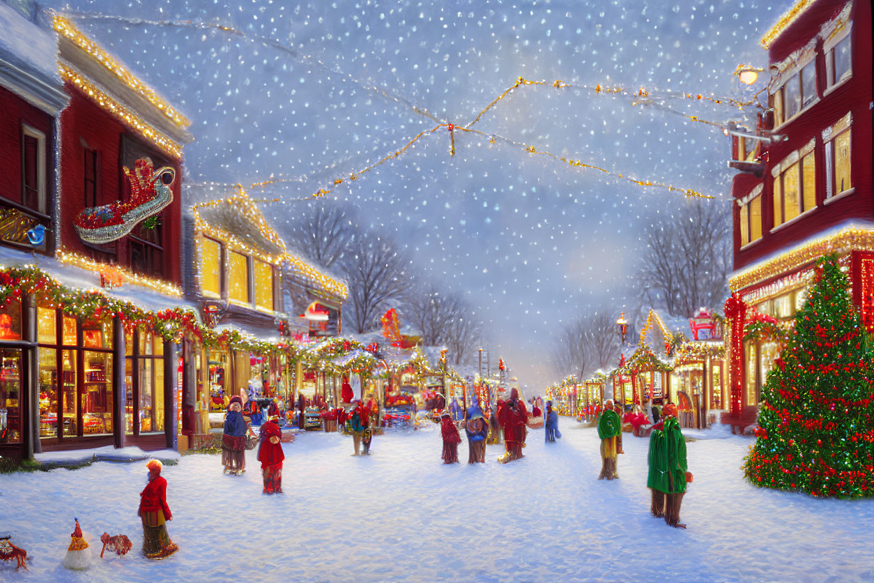 Festive Street Scene with Holiday Decorations and Falling Snow