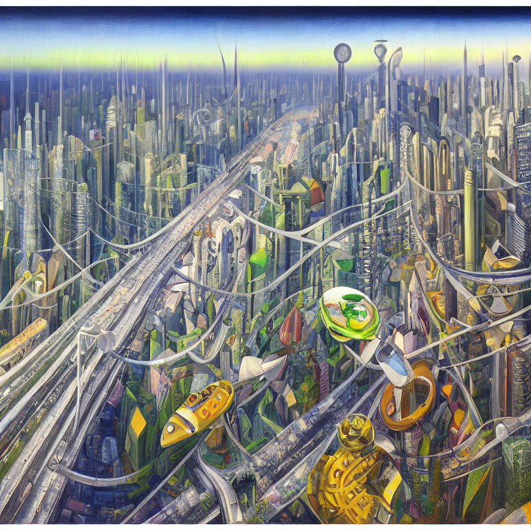 Detailed futuristic cityscape with intersecting roads and flying vehicles under a hazy sky