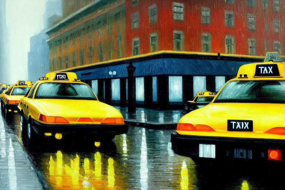 Rainy city street with yellow taxis and wet pavements reflecting subdued colors