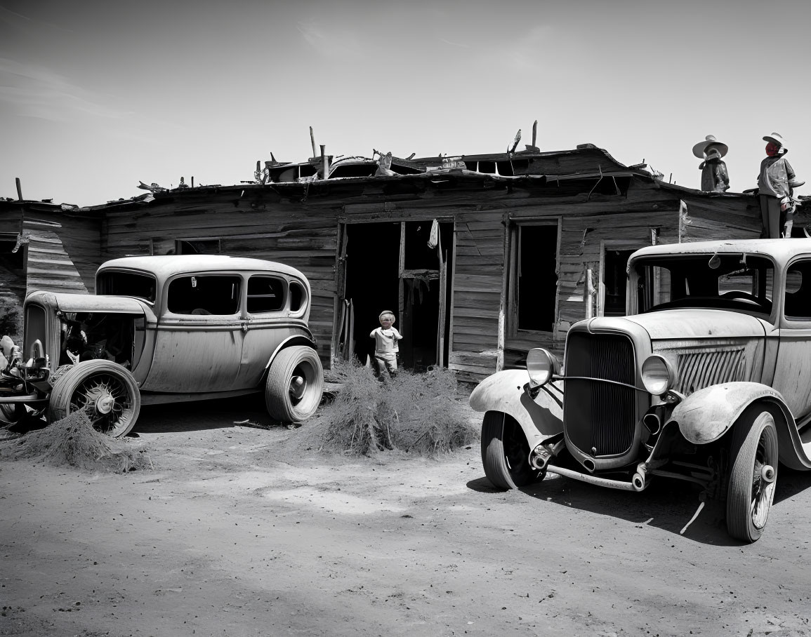 Monochrome vintage cars, child, and horseback riders in rustic setting