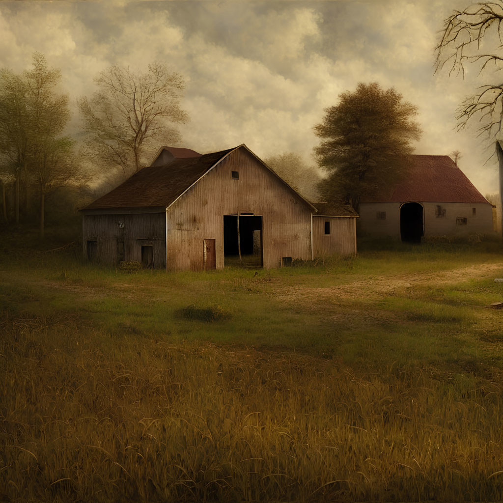 Rustic barns in tall grass with foggy, tree backdrop