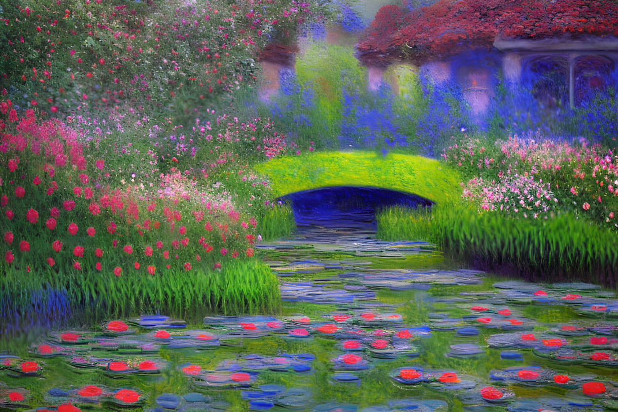 Tranquil pond with water lilies, arched bridge, and colorful flowers in impressionist style