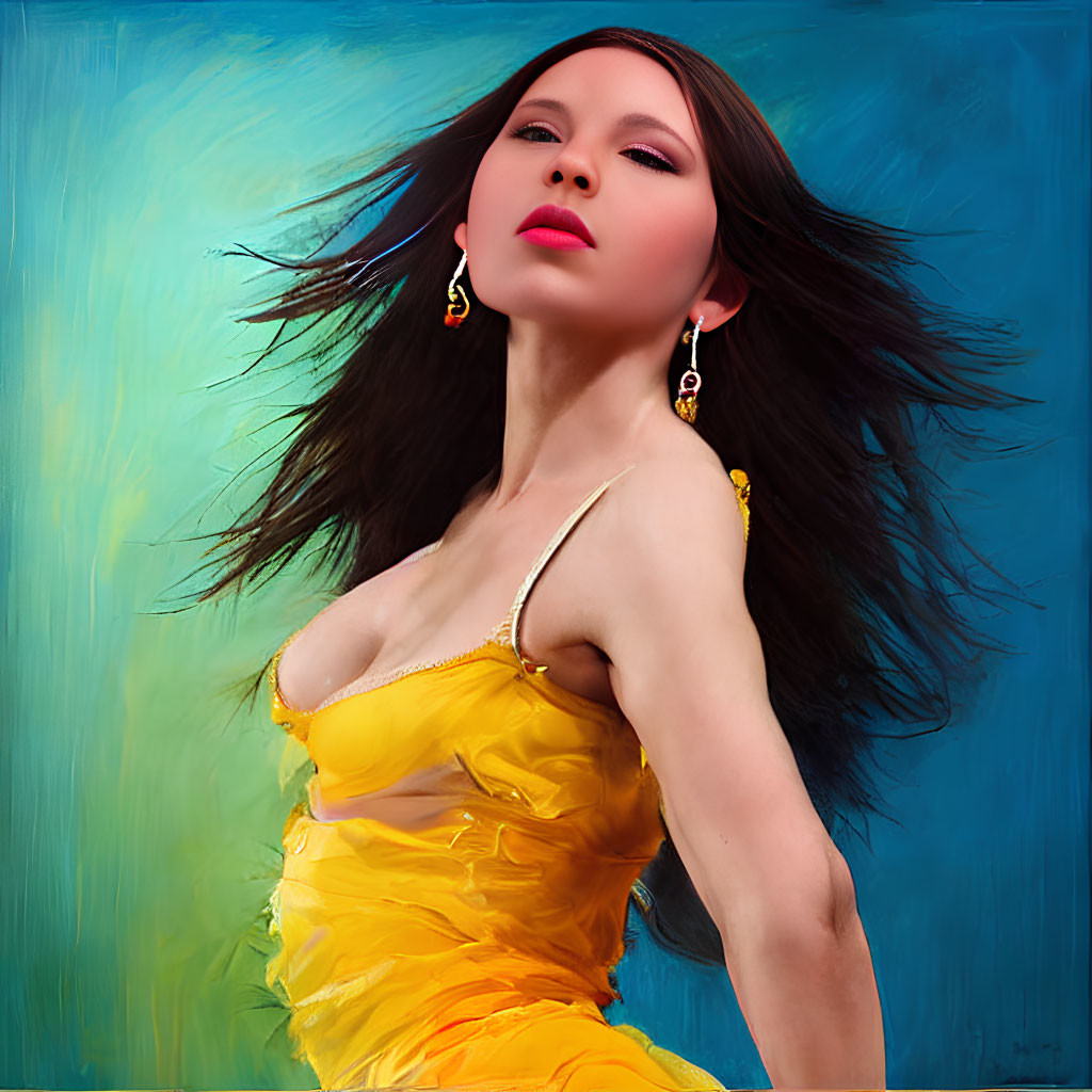 Dark-Haired Woman in Yellow Dress on Blue Textured Background