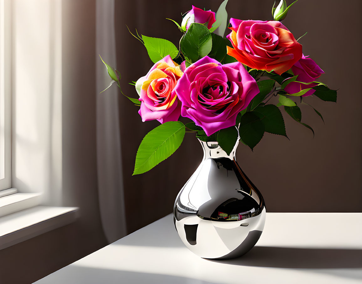 Colorful Roses Bouquet in Silver Vase by Sunlit Window