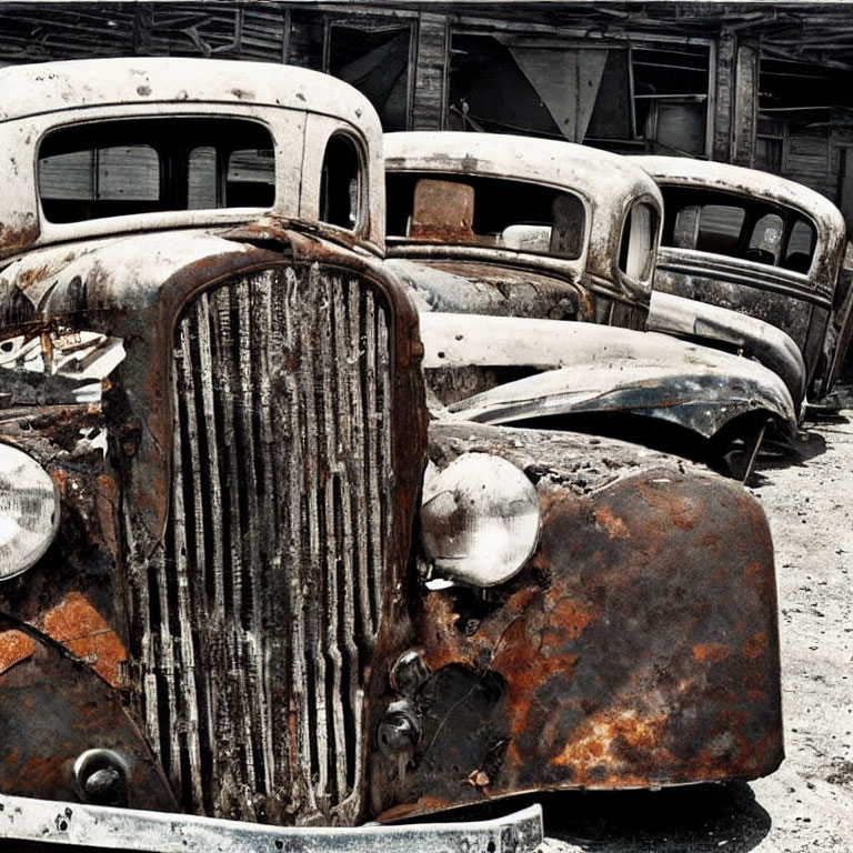 Abandoned vintage rusty cars in a derelict warehouse