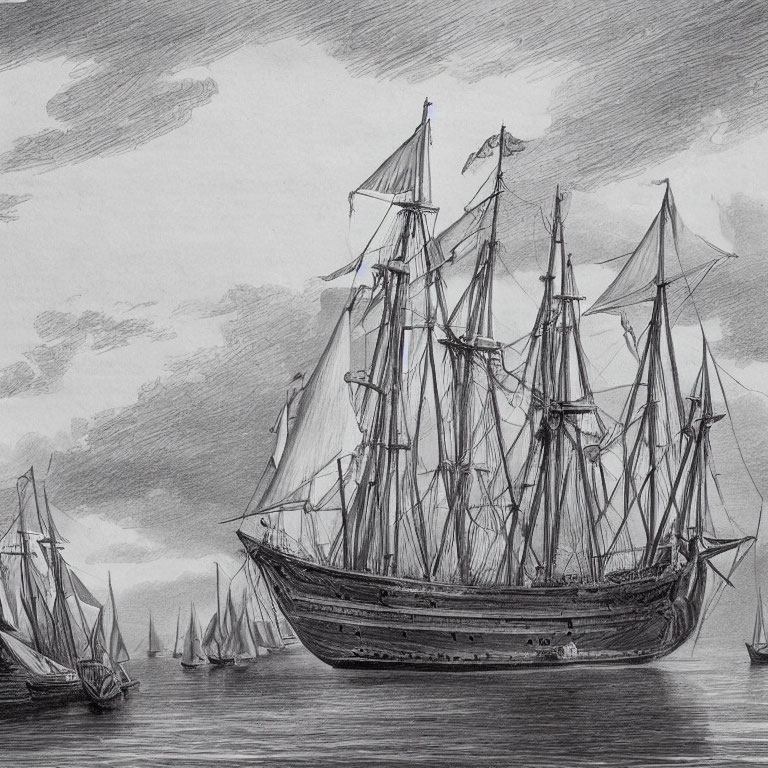 Detailed pencil sketch of majestic tall ship with multiple masts and sails, surrounded by smaller vessels and cloud