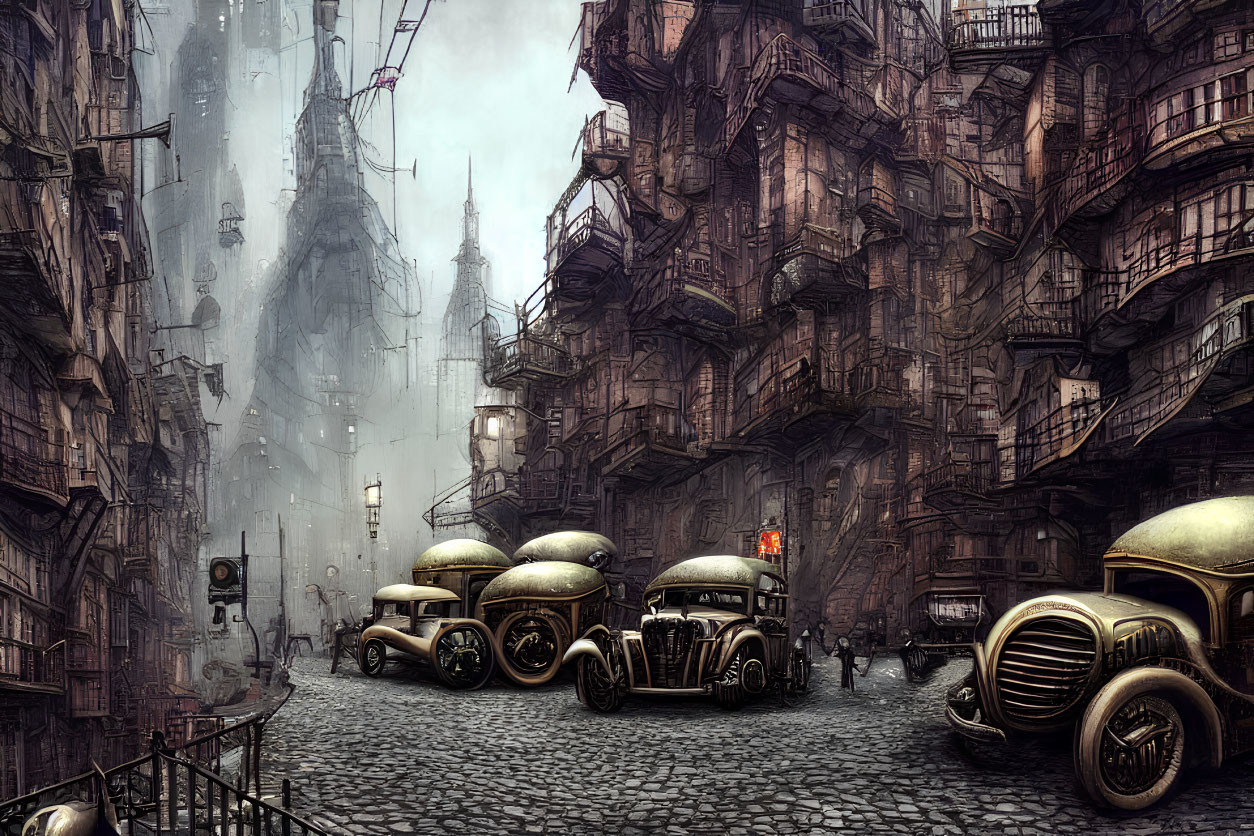 Futuristic city street with retro cars and towering cluttered buildings in a hazy sepia-ton