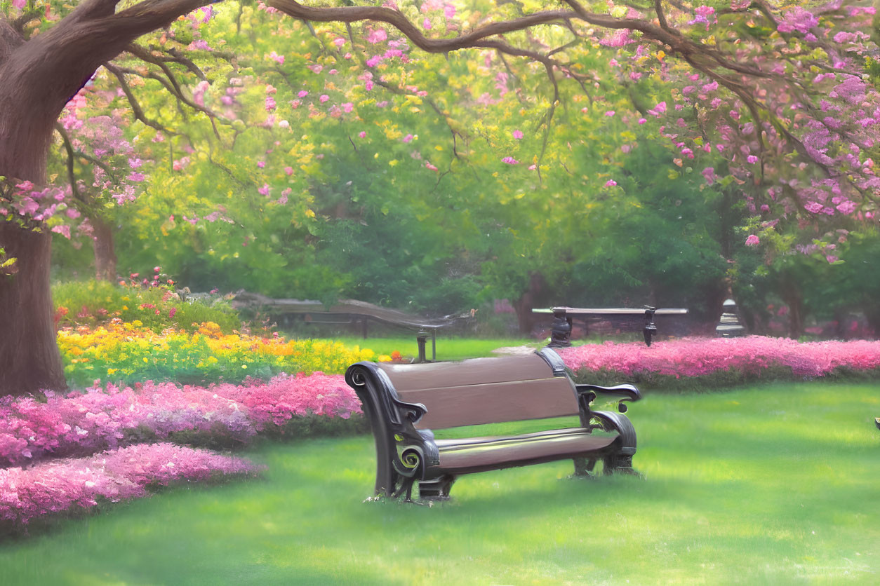 Tranquil Park Scene with Bench, Pink Trees, and Flower Beds