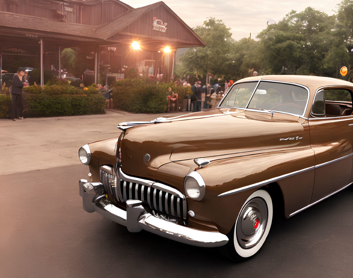 Vintage Brown Car Parked Near Dining Establishment with Group of People