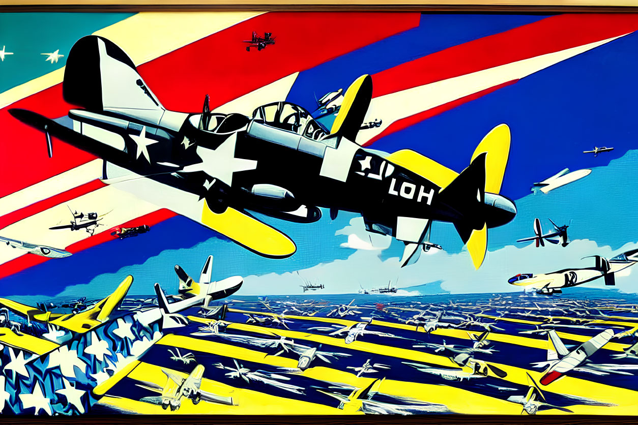 Vibrant WWII fighter planes over naval fleet with bold stripes