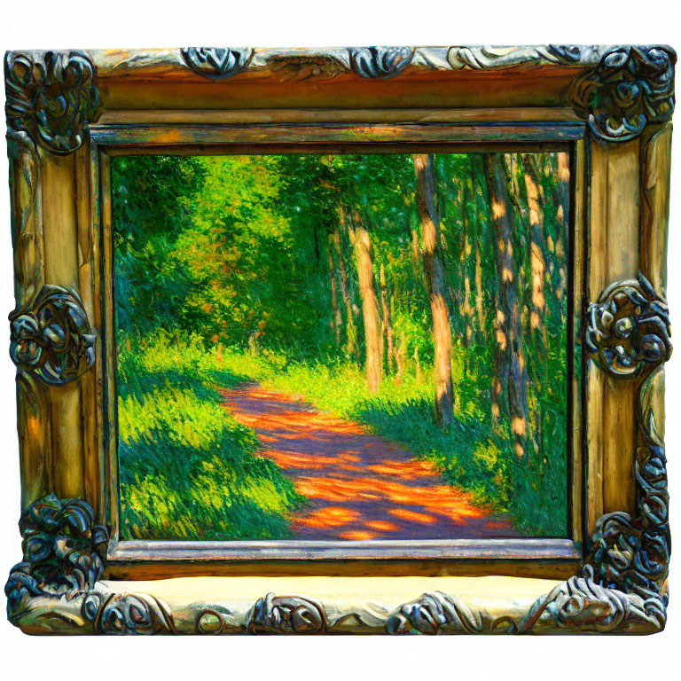 Sun-dappled forest path in ornate golden baroque frame