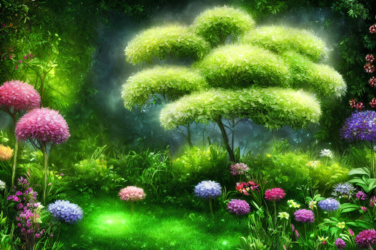 Vibrant green tree and colorful flowers in mystical garden setting