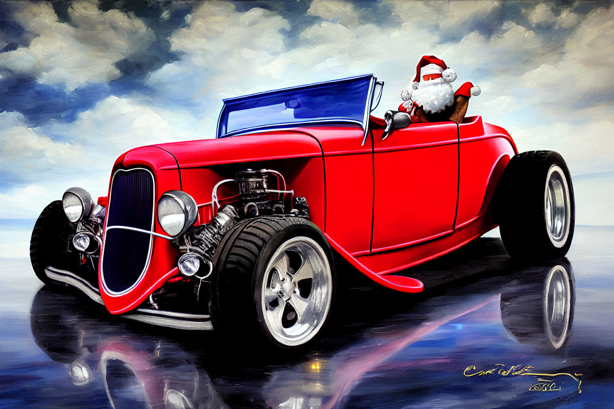 Santa Claus in classic red hot rod on wet surface with glossy reflection under blue sky.