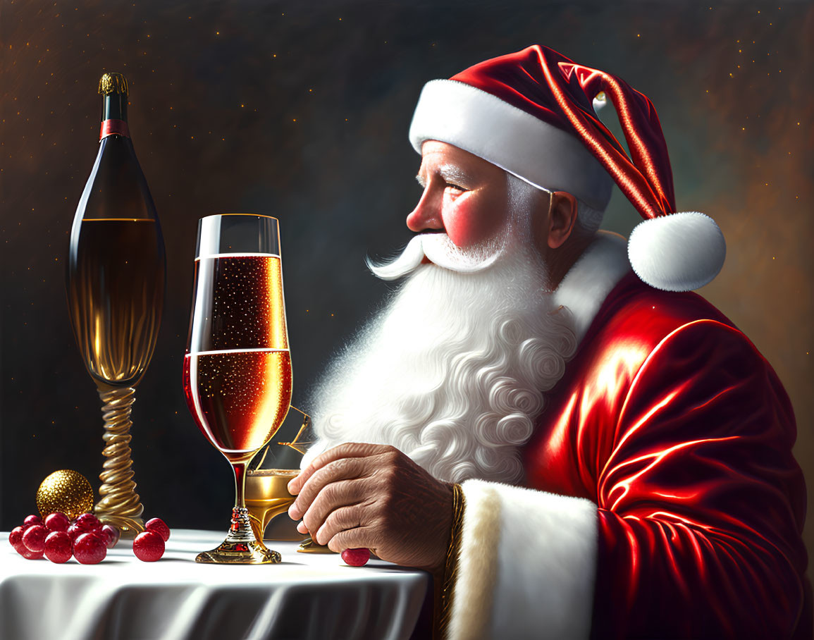 Santa Claus in profile admires champagne on table with ornaments