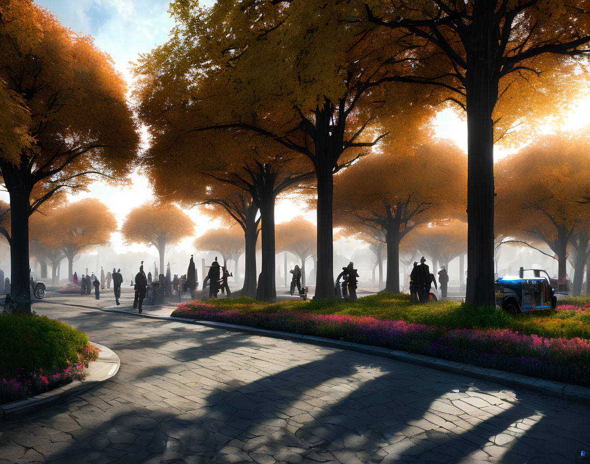 Tranquil park scene with autumn trees, sunlight, mist, and vibrant flowers