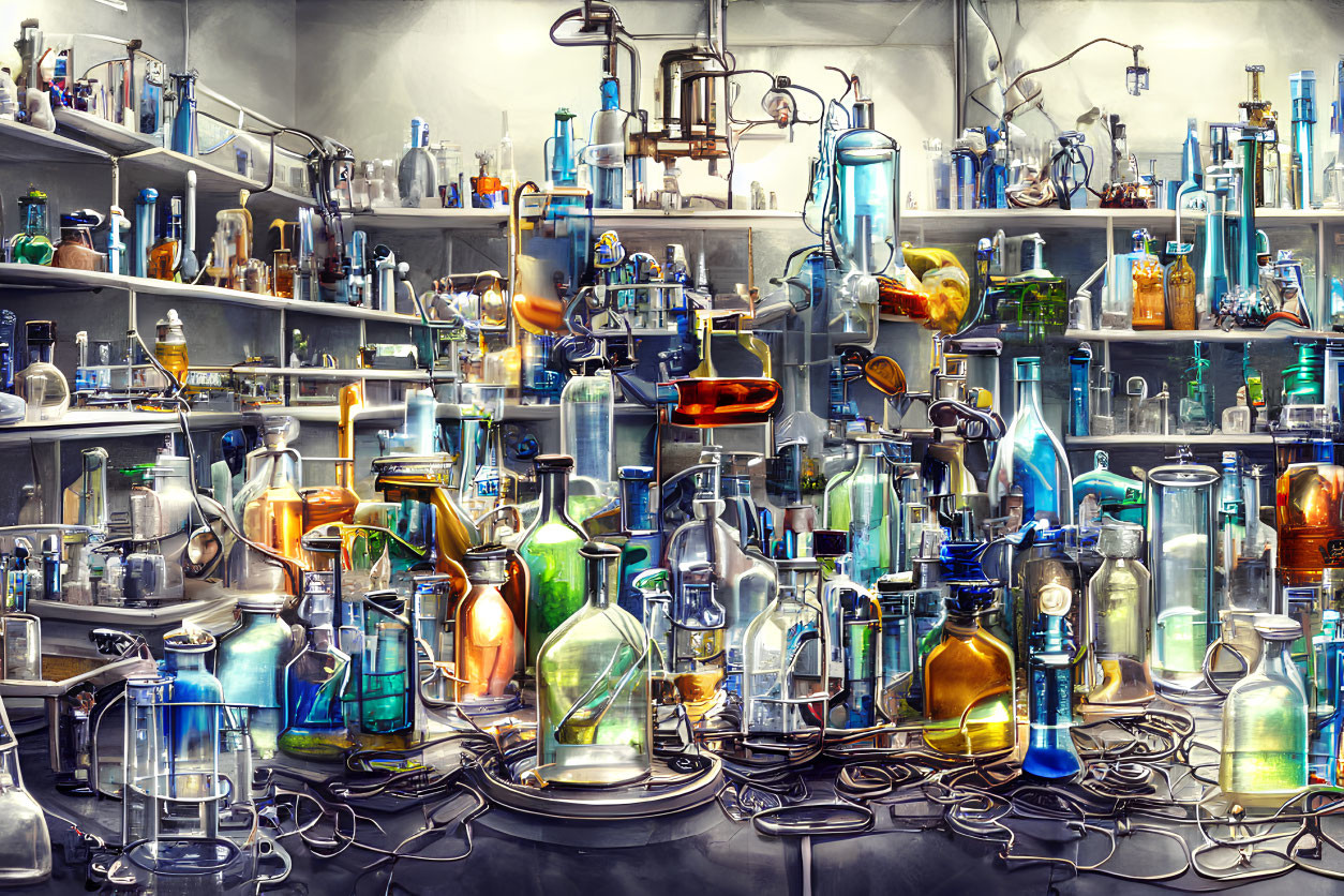 Colorful Chemistry Lab with Assorted Glassware and Tubes