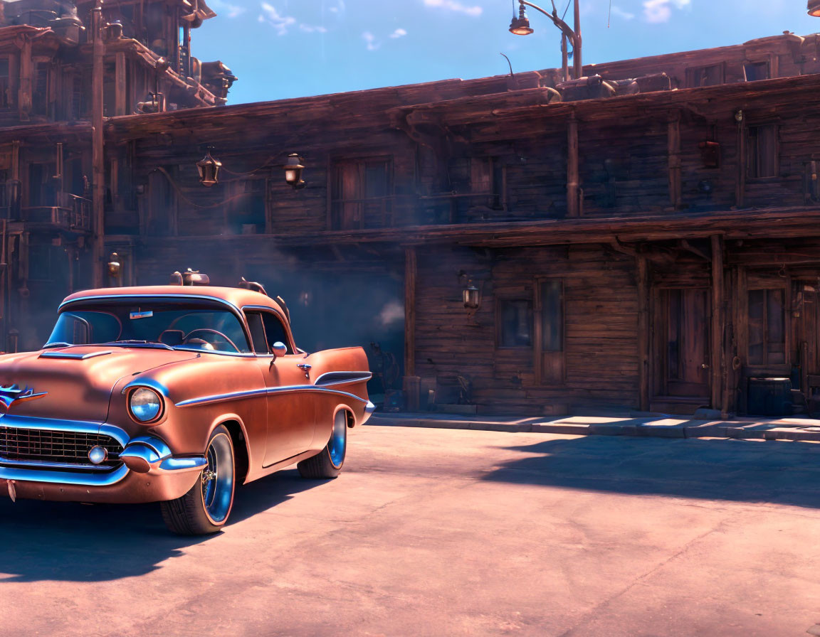 Vintage Car Parked on Deserted Street with Rustic Buildings