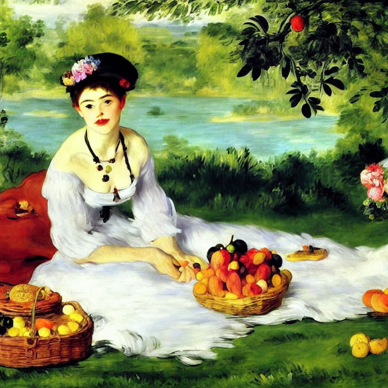 Woman in White Dress with Flower Hat Relaxing by River with Fruits and Greenery