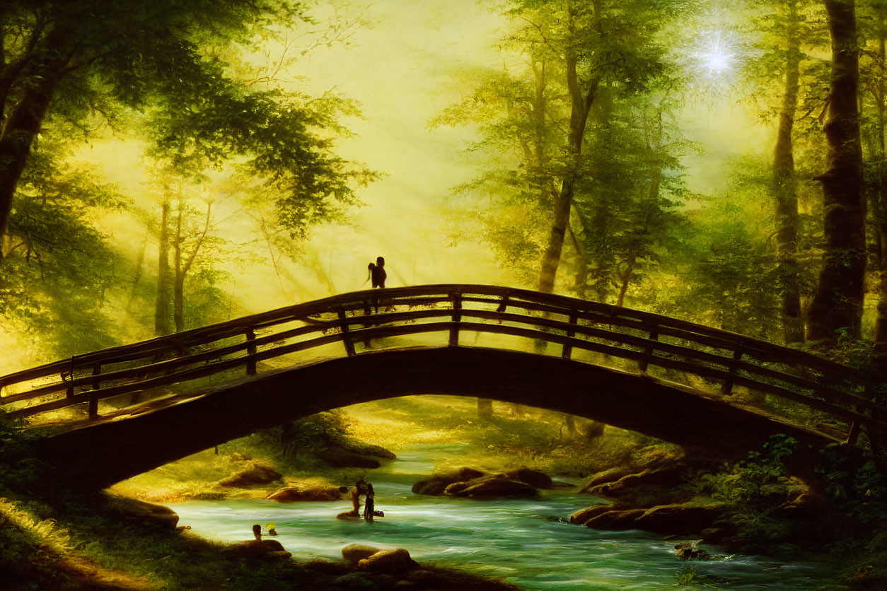 Tranquil landscape with person on arched bridge over stream