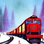 Red Holiday Train with Santa in Snowy Landscape