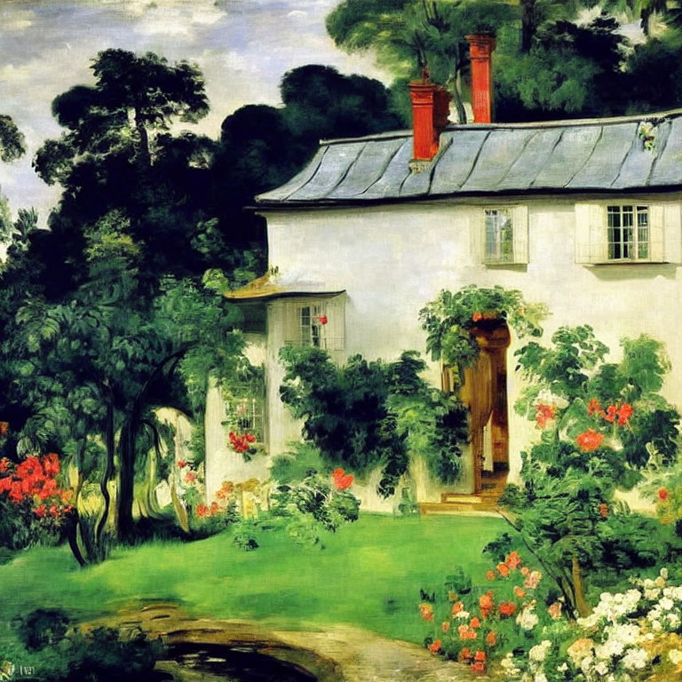 White Cottage with Red Chimneys Surrounded by Greenery and Flowers