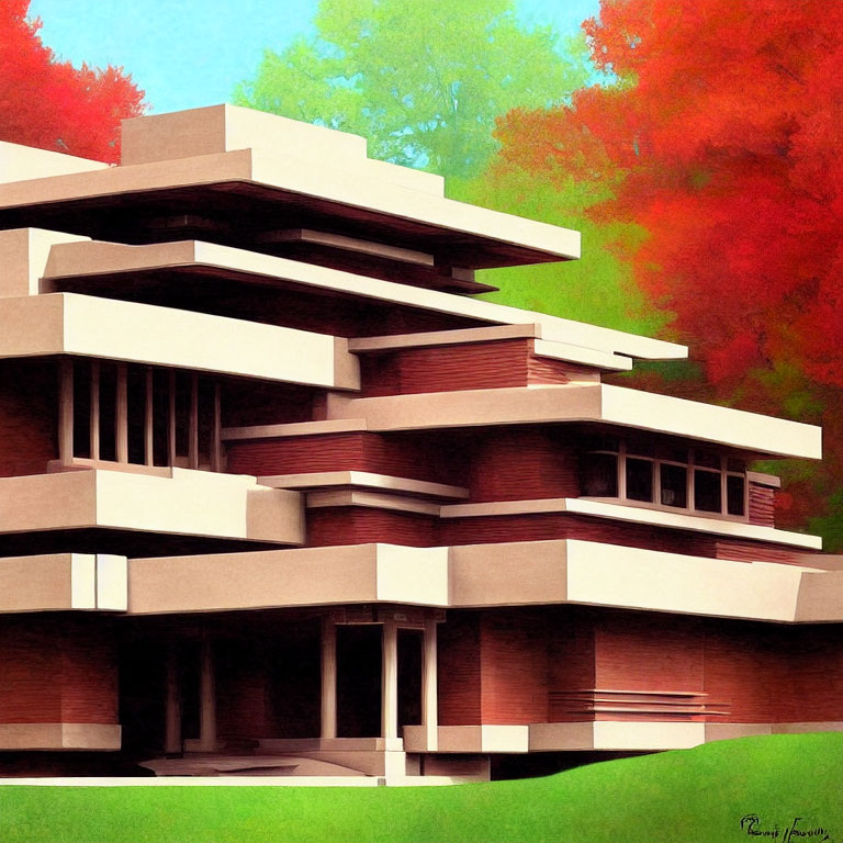 Stylized artistic rendering of Fallingwater House with layered terraces and autumn trees.