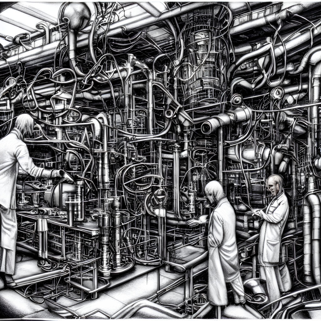 Grayscale illustration of three figures in lab coats in complex industrial setting