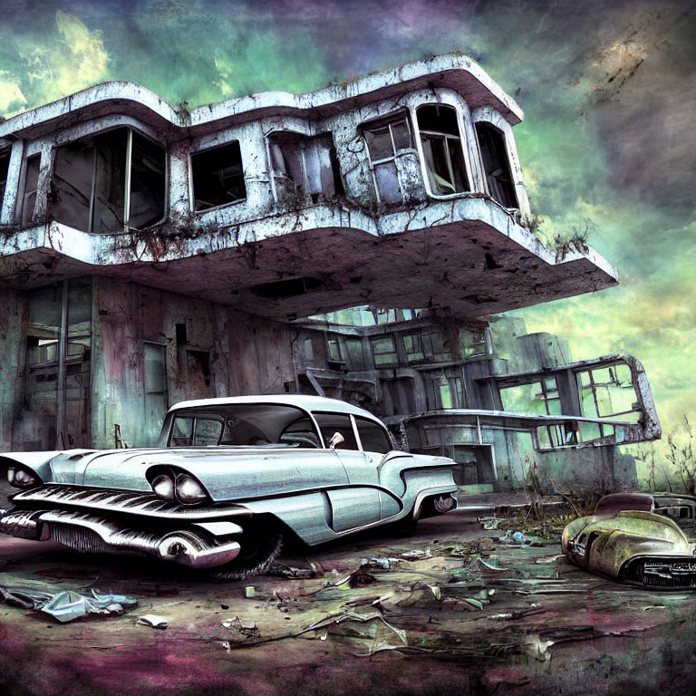 Vintage car parked by abandoned dystopian building under stormy sky