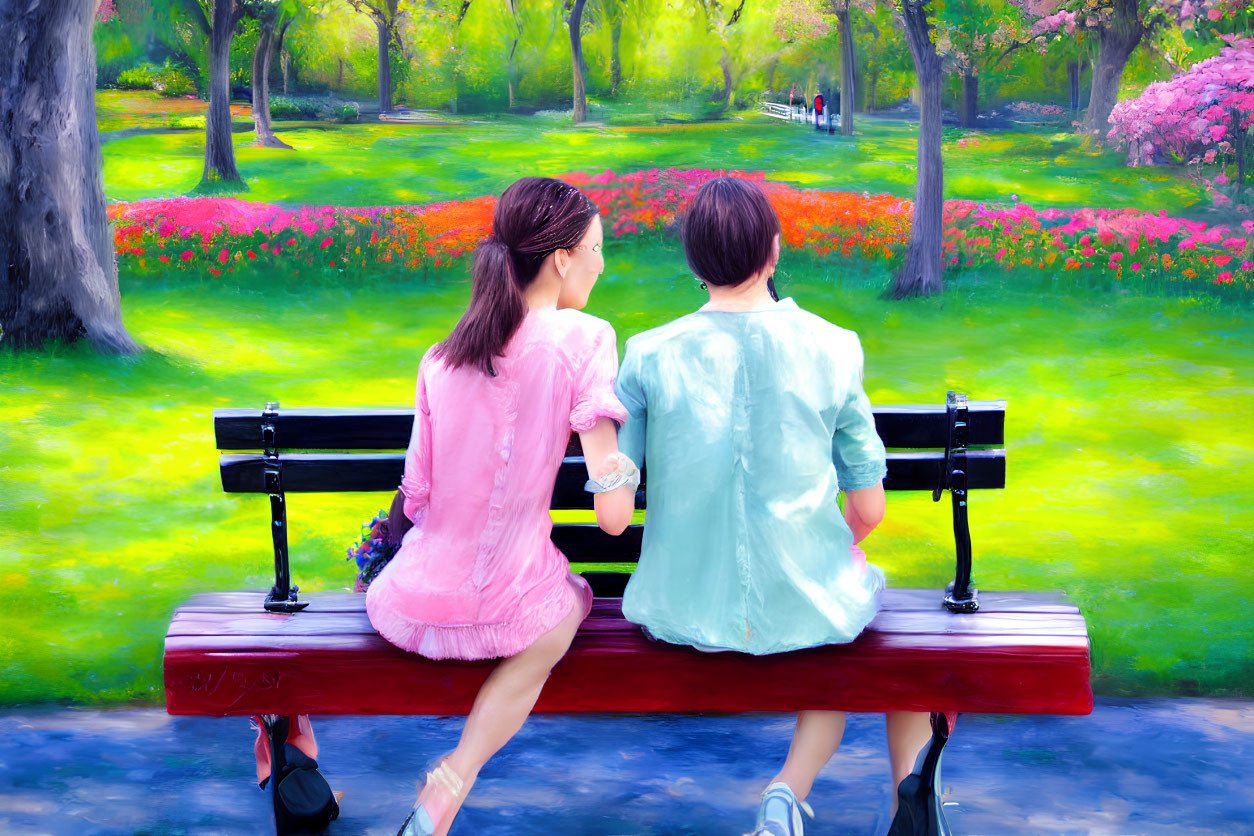 Vibrant flowers and greenery with two people on park bench