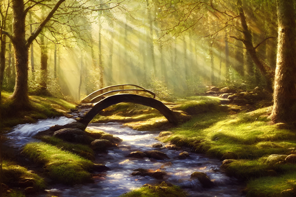 Forest scene: Sunbeams through trees, mossy floor, wooden bridge, stream.