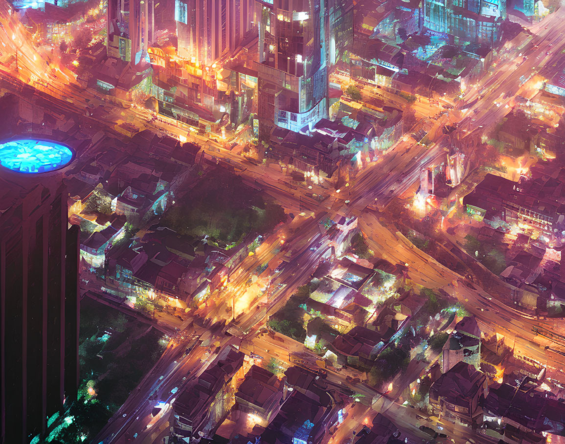 Futuristic cityscape at night with neon lights