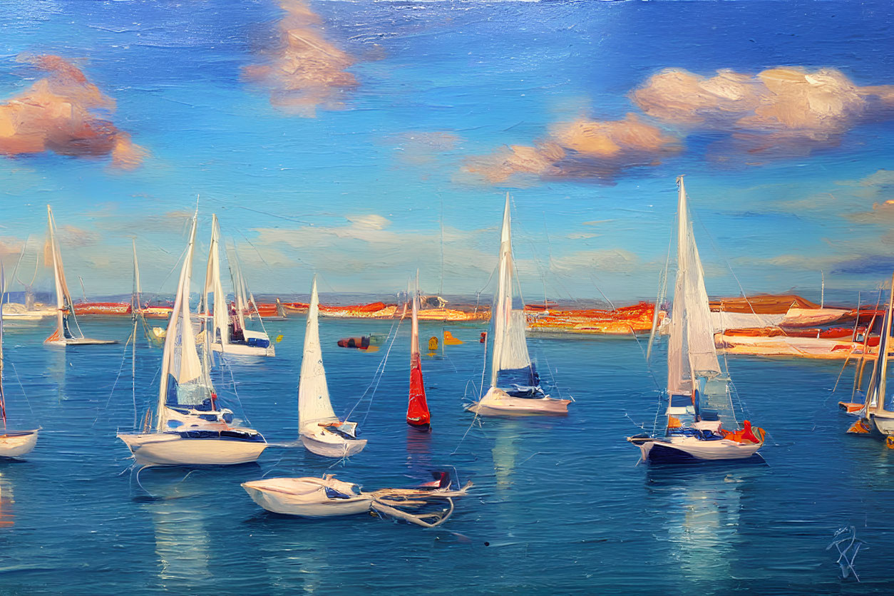 Sailboats Painting: Bright Blue Sea with Fluffy Clouds